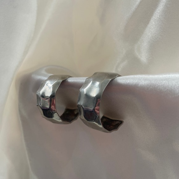 Large Hammered Silver Huggie Hoop Earrings - Picture 1 of 7